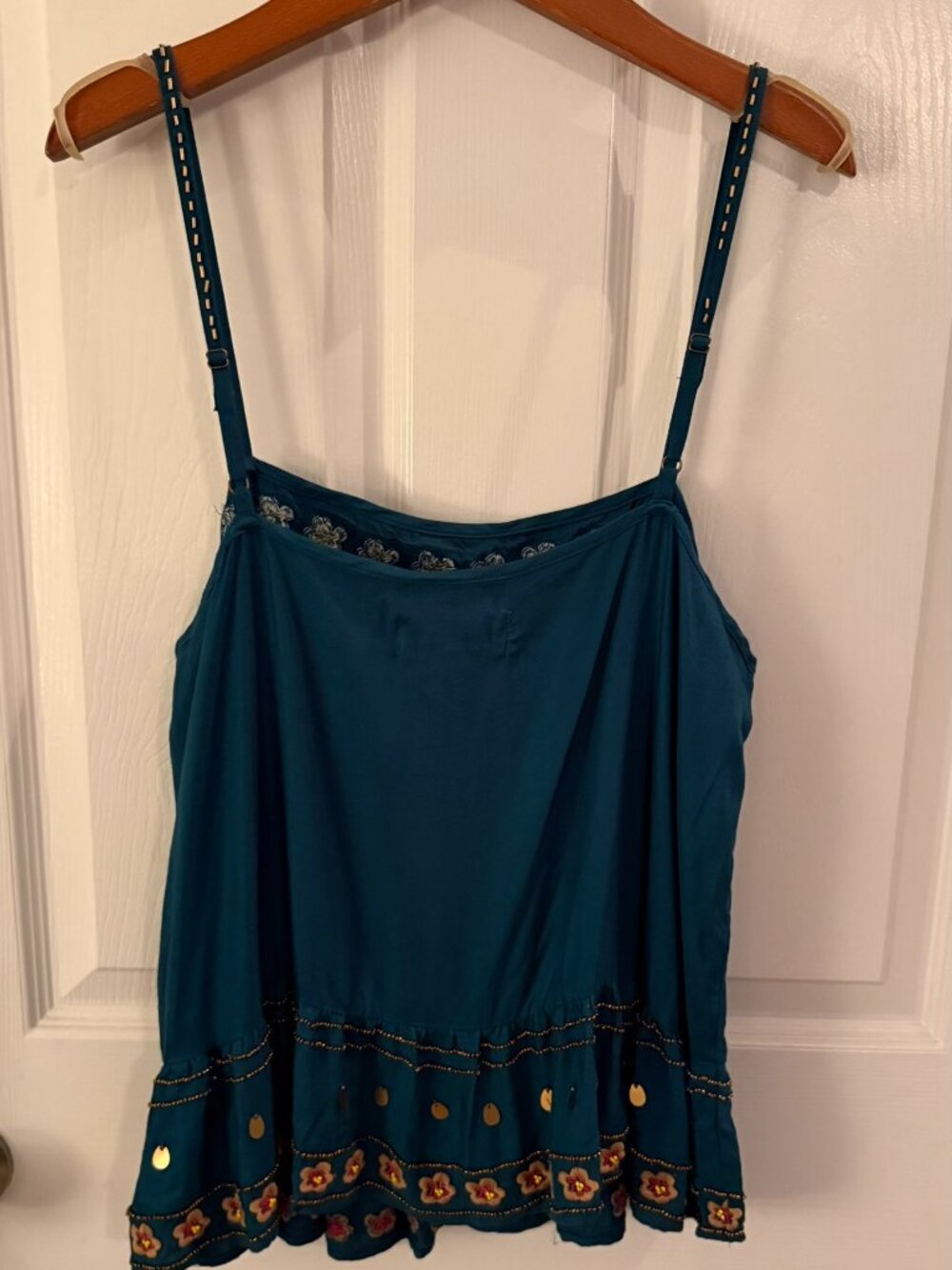 Anthropologie Medium Beaded Embroidered Flowy Teal Tank Top - Picture 10 of 12